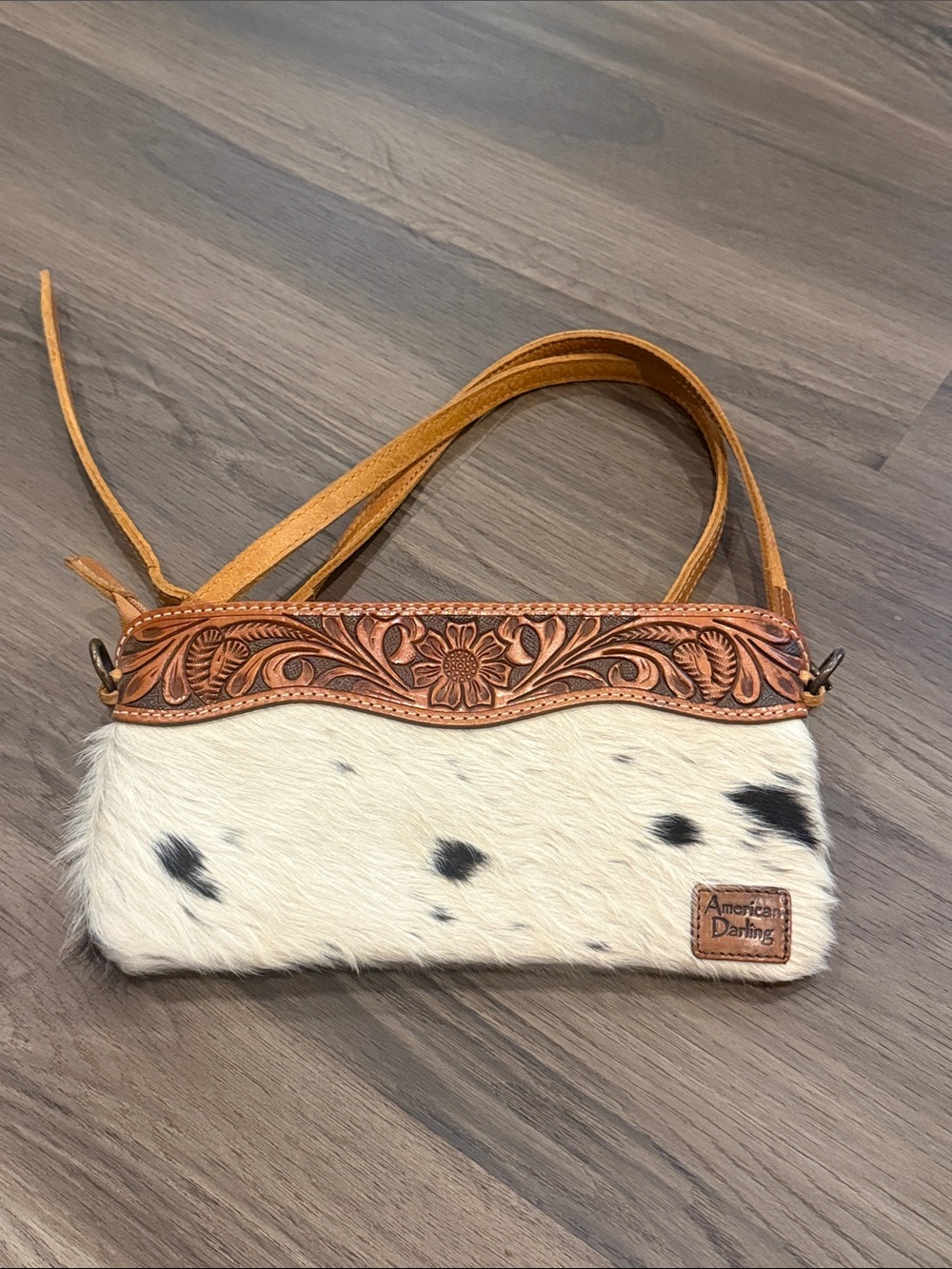 American Darling White Hair-On Hide Crossbody with Tooled Tan Leather Trim